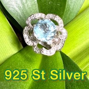 NWT NATURAL 4CT SKY BLUE TOPAZ AQUAMARINE COLOR & WHITE TOPAZ 925 ST SILVER RING